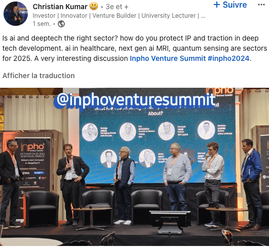 Is ai and deeptech the right sector? how do you protect IP and traction in deep tech development. ai in healthcare, next gen ai MRI, quantum sensing are sectors for 2025. A very interesting discussion Inpho Venture Summit hashtag#inpho2024.