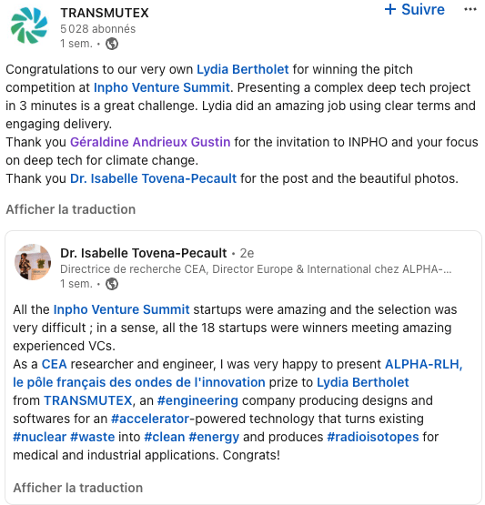 Congratulations to our very own Lydia Bertholet for winning the pitch competition at Inpho Venture Summit. Presenting a complex deep tech project in 3 minutes is a great challenge. Lydia did an amazing job using clear terms and engaging delivery. Thank you Géraldine Andrieux Gustin for the invitation to INPHO and your focus on deep tech for climate change. Thank you Dr. Isabelle Tovena-Pecault for the post and the beautiful photos.