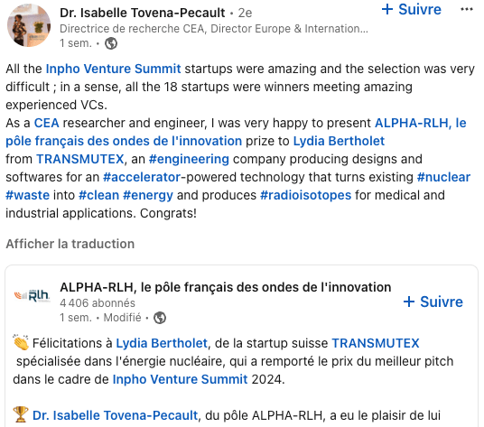 All the Inpho Venture Summit startups were amazing and the selection was very difficult ; in a sense, all the 18 startups were winners meeting amazing experienced VCs. As a CEA researcher and engineer, I was very happy to present ALPHA-RLH, le pôle français des ondes de l'innovation prize to Lydia Bertholet from TRANSMUTEX, an hashtag#engineering company producing designs and softwares for an hashtag#accelerator-powered technology that turns existing hashtag#nuclear hashtag#waste into hashtag#clean hashtag#energy and produces hashtag#radioisotopes for medical and industrial applications. Congrats!