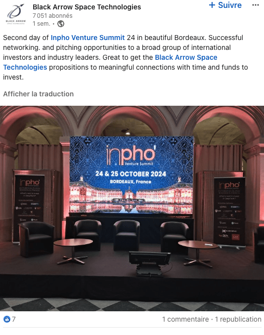 Second day of Inpho Venture Summit 24 in beautiful Bordeaux. Successful networking. and pitching opportunities to a broad group of international investors and industry leaders. Great to get the Black Arrow Space Technologies propositions to meaningful connections with time and funds to invest.