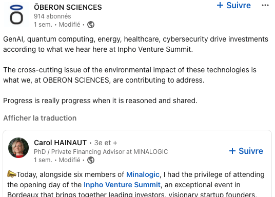 GenAI, quantum computing, energy, healthcare, cybersecurity drive investments according to what we hear here at Inpho Venture Summit. The cross-cutting issue of the environmental impact of these technologies is what we, at OBERON SCIENCES, are contributing to address. Progress is really progress when it is reasoned and shared.