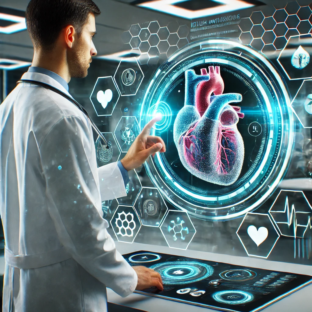 DALL·E 2024 11 29 12.35.12 A futuristic scene featuring a doctor in a white lab coat analyzing medical data on a holographic screen. The screen displays detailed graphics of hum